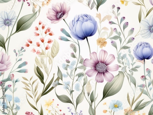 The pattern features delicate wildflowers in an elegant style. Opt for a soft and dreamy color scheme with pale blues  lavenders  and blush pinks The composition should feel light and airy