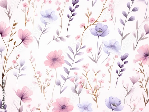 The pattern features delicate wildflowers in an elegant style. Opt for a soft and dreamy color scheme with pale blues, lavenders, and blush pinks The composition should feel light and airy © ND STOCK