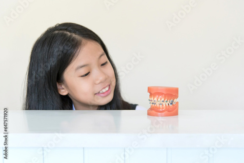 Artificial model of human jaw with dental braces in front of Asian pre teen girl with clean overbite tooth smiling in orthodontic office or clinic. Pediatric dentistry,education and prevention concept photo