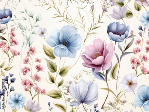 The pattern features delicate wildflowers in an elegant style. Opt for a soft and dreamy color scheme with pale blues, lavenders, and blush pinks The composition should feel light and airy © ND STOCK