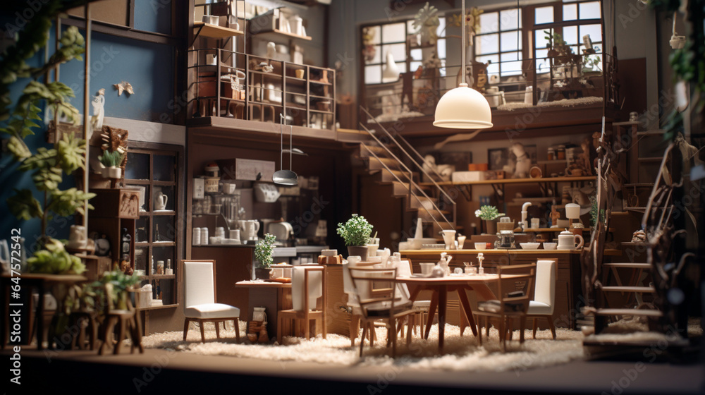 Homey coffee shop wallpaper in paper art and craft design concept with nice lighting. Created using generative AI. Homey coffee shop wallpaper in paper art and craft design concept with nice lighting. Created using generative AI.