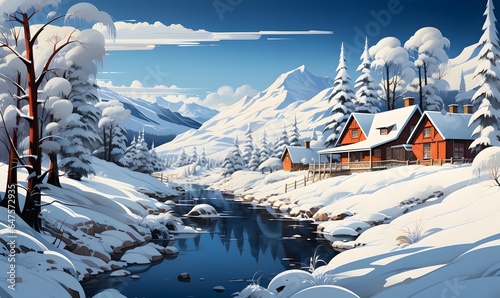 isometric illustration of a many nordic cabin, snowy winter