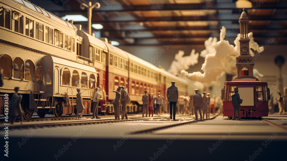 Train station and railway classic style wallpaper with people in paper art and craft design concept. Created using generative AI.