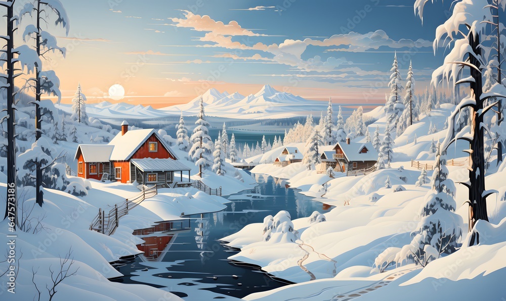 isometric illustration of a many nordic cabin, snowy winter - obrazy, fototapety, plakaty 