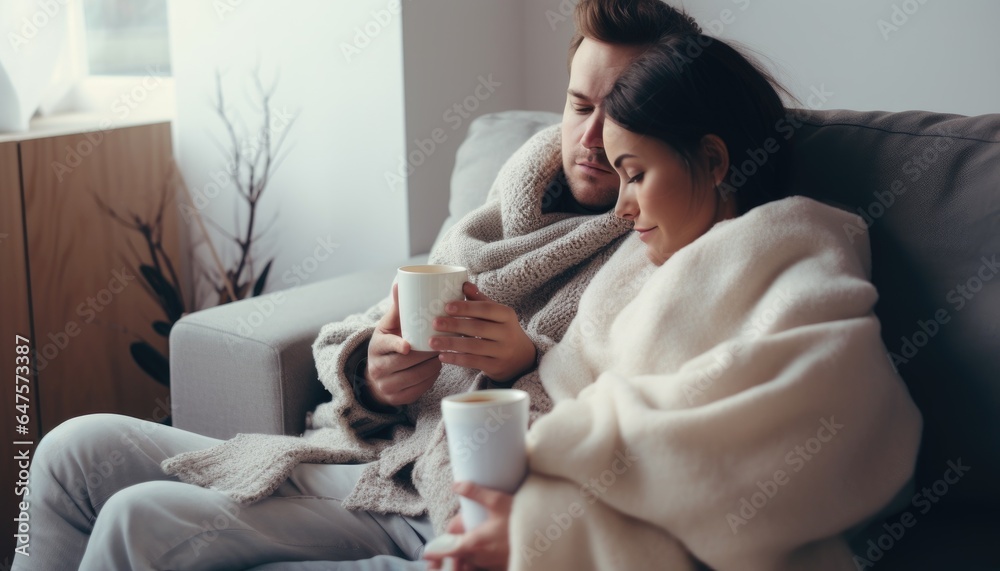 A sick diseased couple sitting on sofa with mugs of tea wrapped in a warm blankets as a result of pandemic virus or flu infection causing illness and comforting days together  - obrazy, fototapety, plakaty 