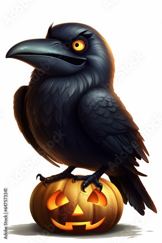 Cartoon of a black crow  on a halloween pumpkin. Generative AI.