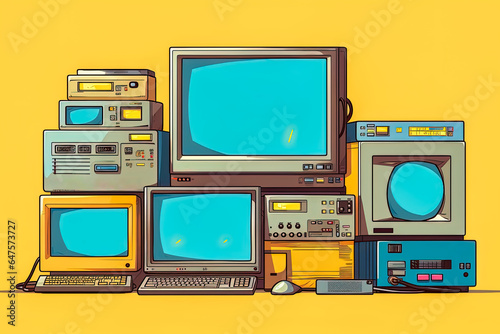 Illustration of the 90s: Internet, bulky computers, connections and pixelated websites
