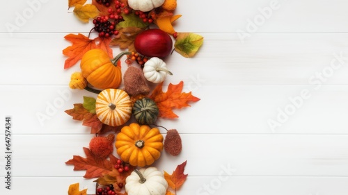 a flat lay composition of pumpkins  berries  and leaves on a white wooden background. Leave ample copy space to convey a Thanksgiving or Halloween concept. SEAMLESS PATTERN. SEAMLESS WALLPAPER.