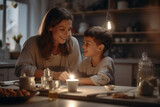 A woman and her son is holding them together in a kitchen at evening with content expression 