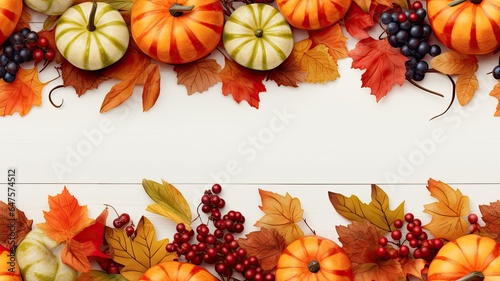 a flat lay composition of pumpkins, berries, and leaves on a white wooden background. Leave ample copy space to convey a Thanksgiving or Halloween concept. SEAMLESS PATTERN. SEAMLESS WALLPAPER.