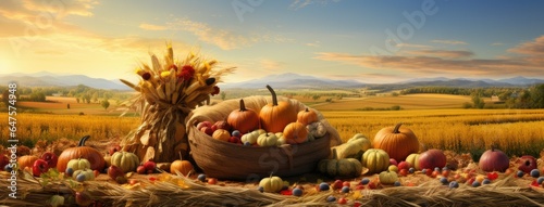 the fall harvest, with a focus on a basket of pumpkins, apples, and corn set against a backdrop of fields, trees, and a clear sky. Convey the essence of Thanksgiving's agricultural traditions.