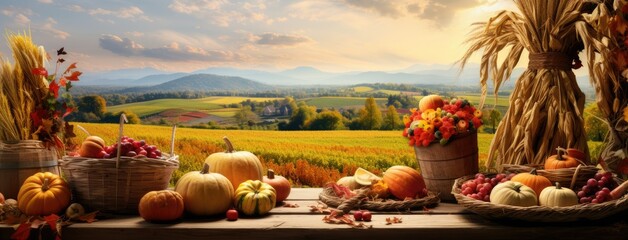 the fall harvest, with a focus on a basket of pumpkins, apples, and corn set against a backdrop of fields, trees, and a clear sky. Convey the essence of Thanksgiving's agricultural traditions.