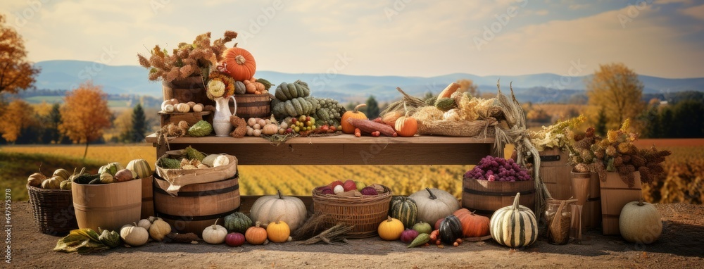 the fall harvest, with a focus on a basket of pumpkins, apples, and corn set against a backdrop of fields, trees, and a clear sky. Convey the essence of Thanksgiving's agricultural traditions.