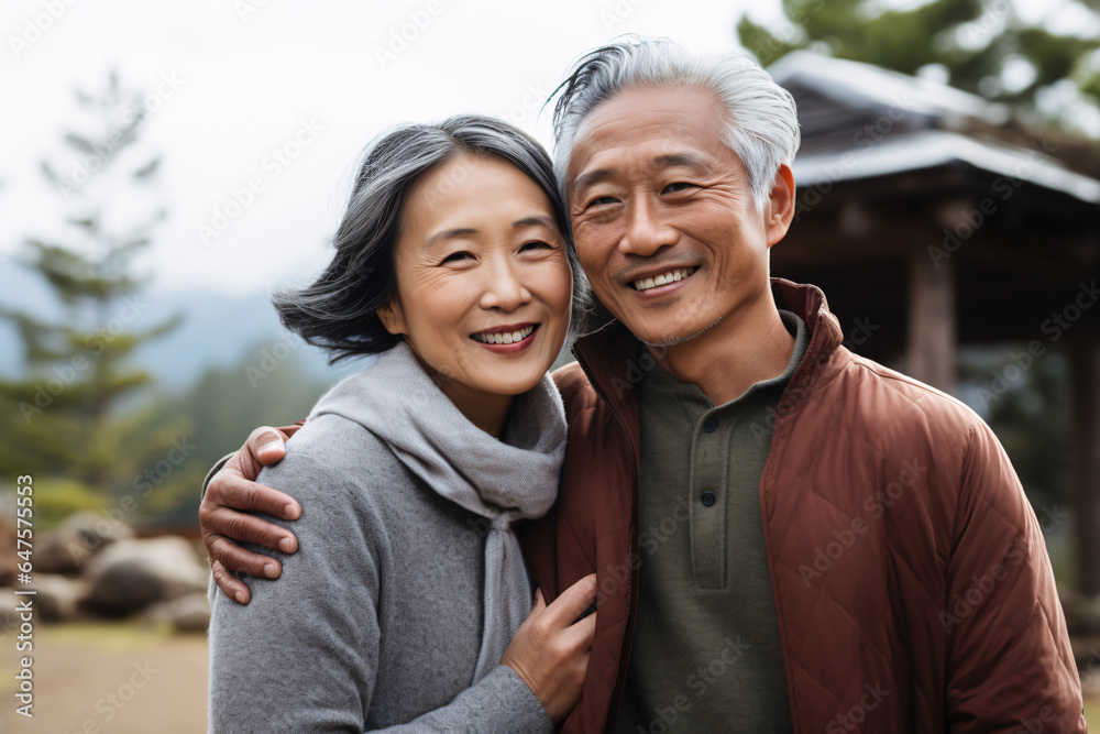 A east Asian retired couple in light autumn clothes as tourists, visit UNESCO world heritage sites in Korean, happy trip for senior people A east Asian retired couple in light autumn clothes as tourists, visit UNESCO world heritage sites in Korean, happy trip for senior people