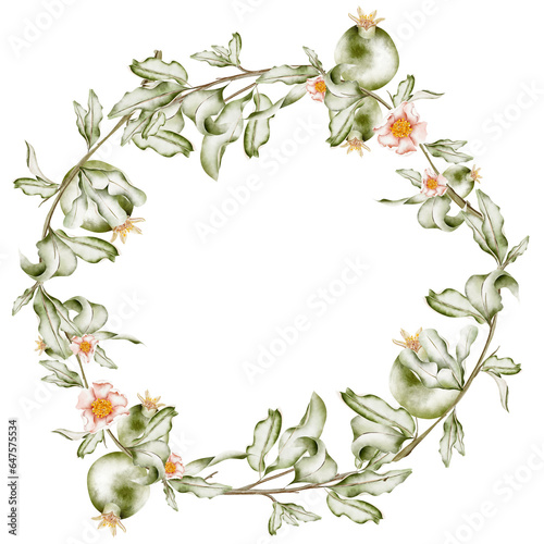 Vintage frame wreath of green pomegranates among white blooming flowers