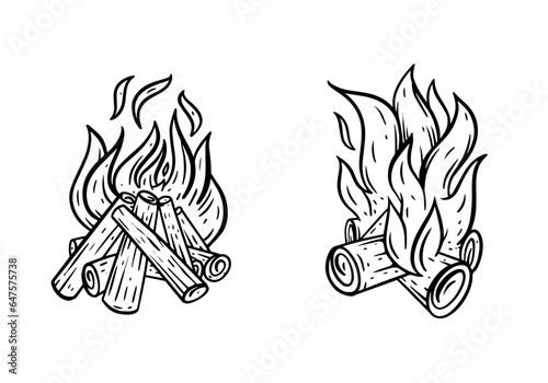 Camping bonfire sign hand drawn sketch art. Adventure logo sign.