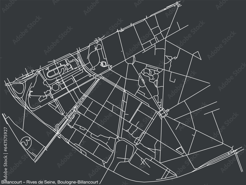 Detailed hand-drawn navigational urban street roads map of the BILLANCOURT – RIVES DE SEINE NEIGHBOURHOOD of the French city of BOULOGNE-BILLANCOURT, France with vivid road lines and name tag on solid