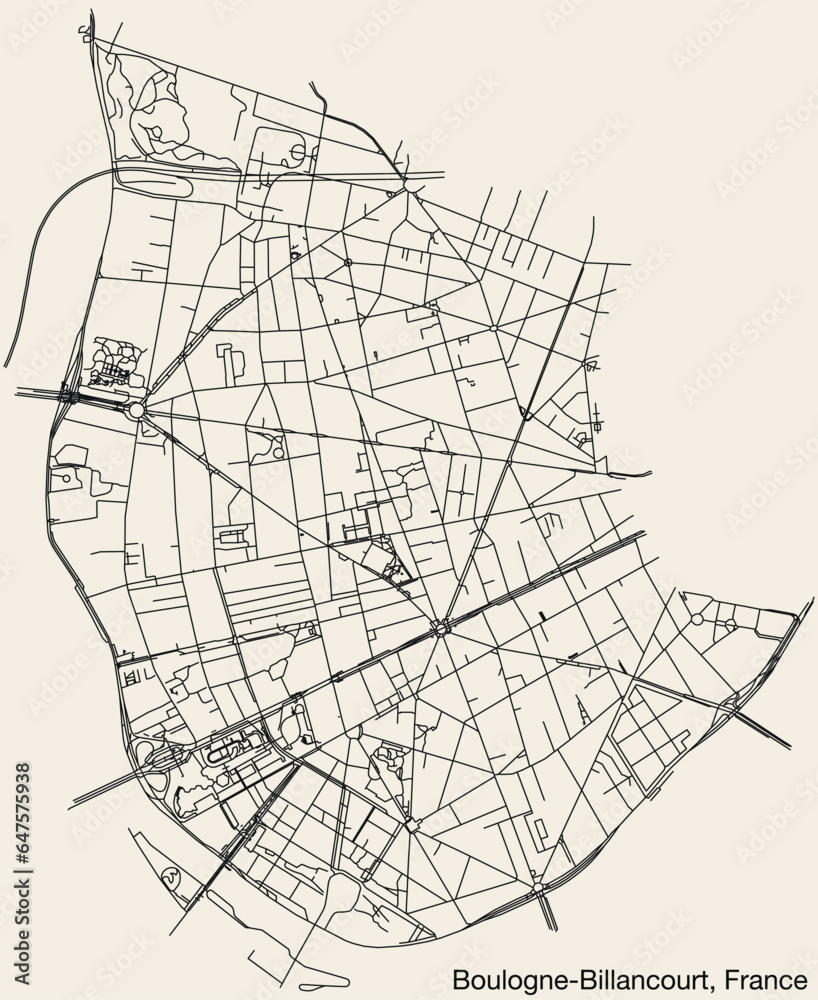 Detailed hand-drawn navigational urban street roads map of the French city of BOULOGNE-BILLANCOURT, FRANCE with solid road lines and name tag on vintage background