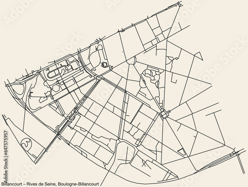 Detailed hand-drawn navigational urban street roads map of the BILLANCOURT – RIVES DE SEINE NEIGHBOURHOOD of the French city of BOULOGNE-BILLANCOURT, France with vivid road lines and name tag on solid