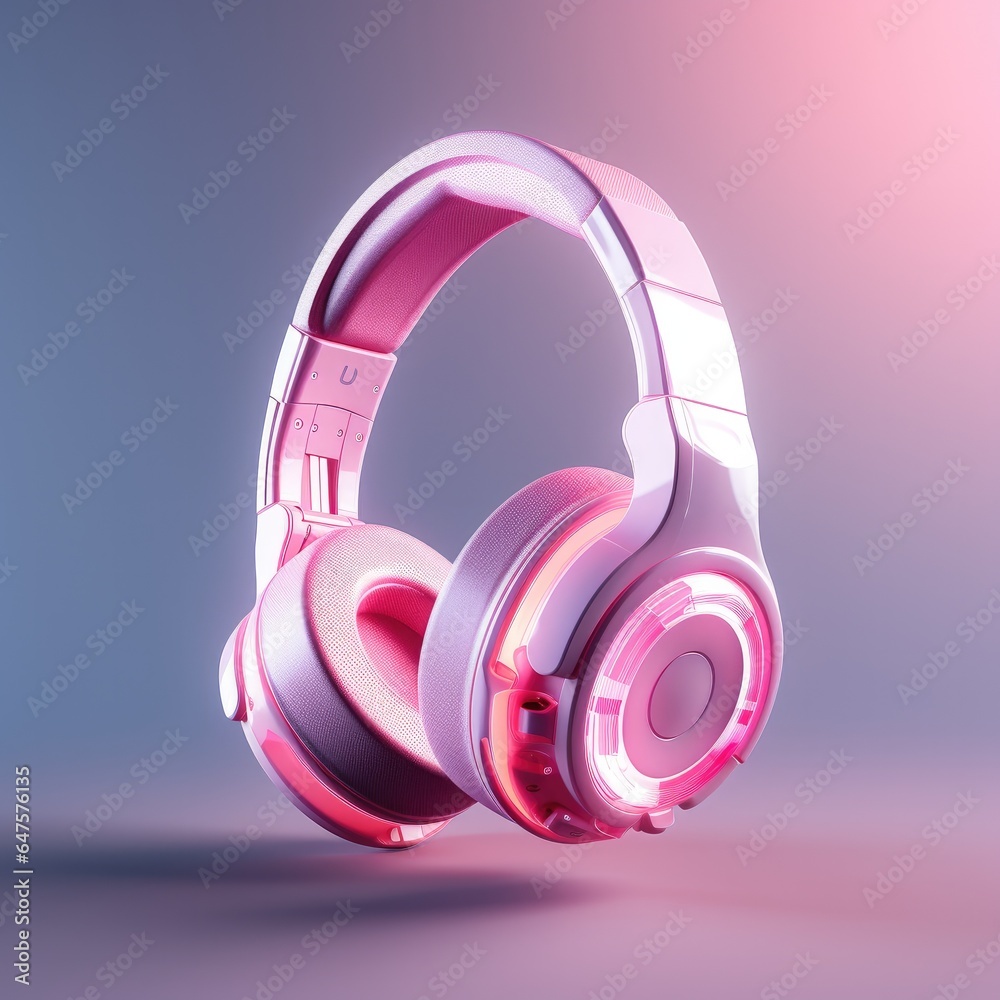 Pink modern headphones on a pink background. Generative AI. Pink modern headphones on a pink background. Generative AI.