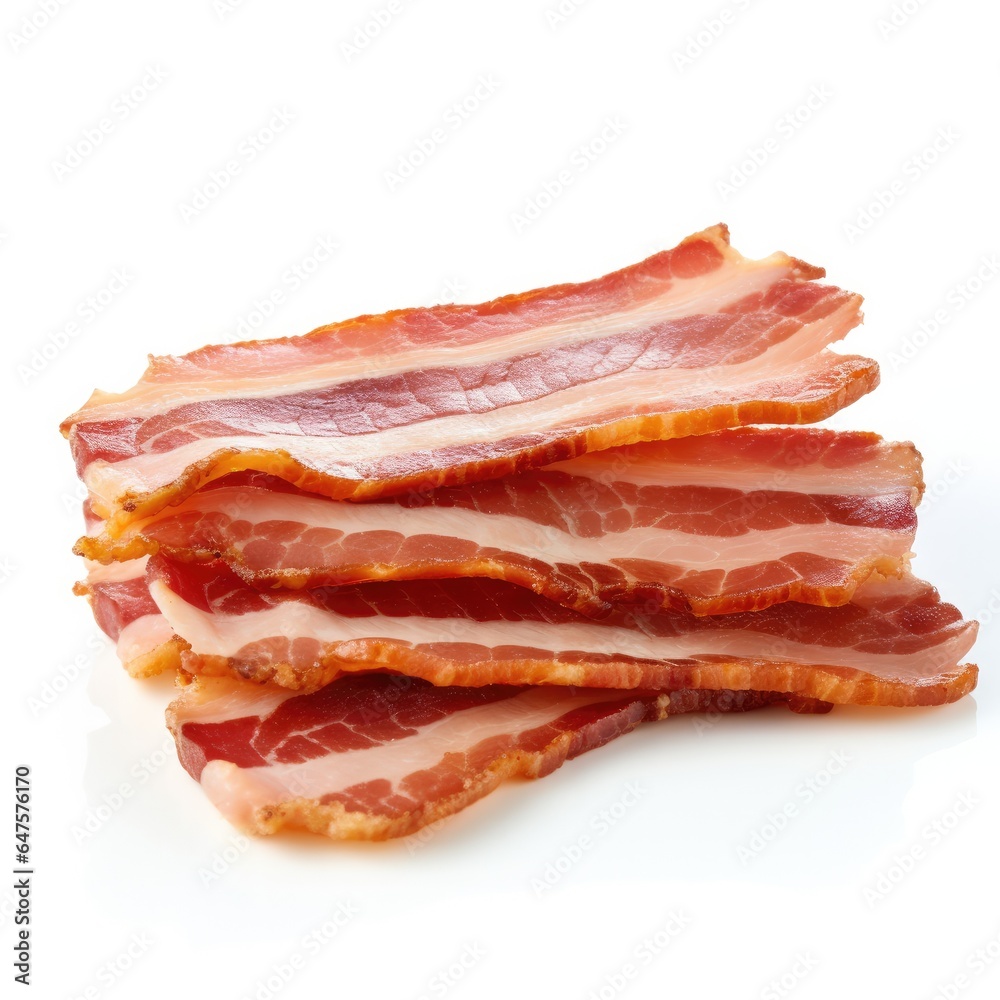Juicy crispy slices of bacon on a white background. Generative AI. Juicy crispy slices of bacon on a white background. Generative AI.