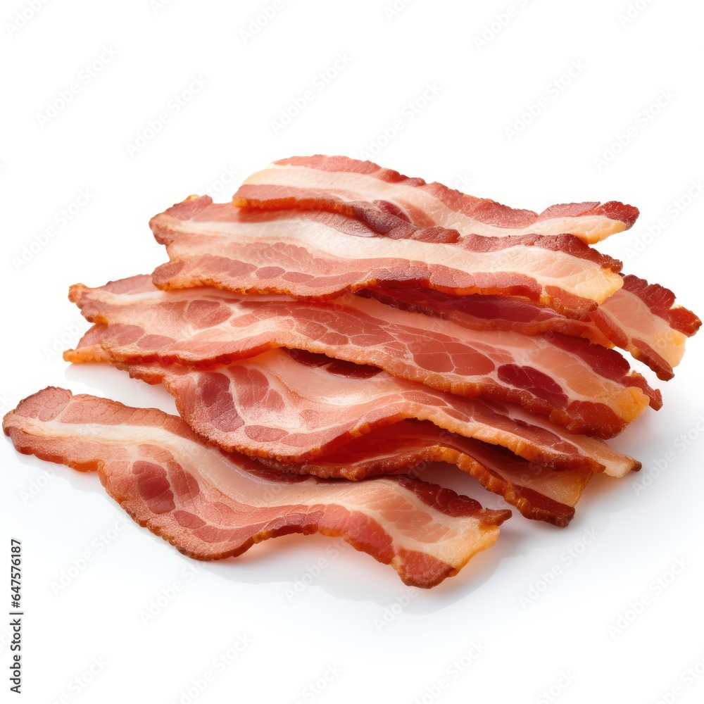 Juicy crispy slices of bacon on a white background. Generative AI. Juicy crispy slices of bacon on a white background. Generative AI.