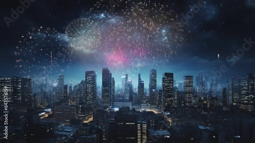 Wallpaper Mural fireworks display, skyscrapers bright night sky from the center of the city, seamless looping video Torontodigital.ca