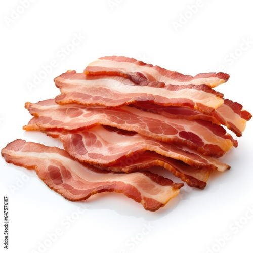 Juicy crispy slices of bacon on a white background. Generative AI.