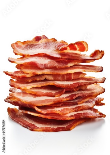 Juicy crispy slices of bacon on a white background. Generative AI.
