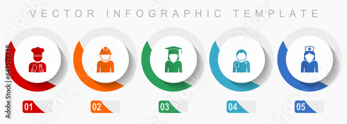 Human resources icon set, miscellaneous icons such as chef, worker, student, doctor and nurse, flat design vector infographic template, web buttons in 5 color options