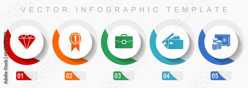 Shopping icon set, miscellaneous icons such as diamond, badge, case, credit card and money, flat design vector infographic template, web buttons in 5 color options