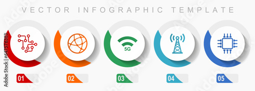 Technology and computer icon set, miscellaneous icons such as chip, globe, 5g, antenna and computer, flat design vector infographic template, web buttons in 5 color options
