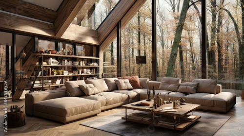 Minimalist Living Room with Beige Sofa in Forest House