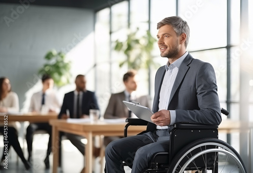 A middle age business man in wheelchair holding tablet to make presentation in a company executive meeting with content smile full of confidence 