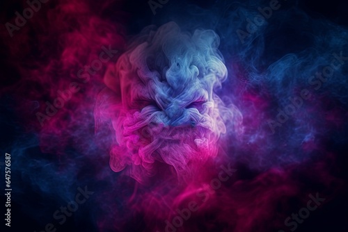 Christmas Horror smoke cloud background , pink blue neon light, dark black wallpaper , Santa demon face in sky, Generative AI