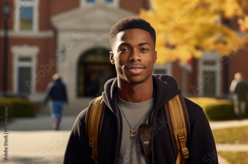 African american male college student leaning on shelf in library and looking at camera. Generated by AI