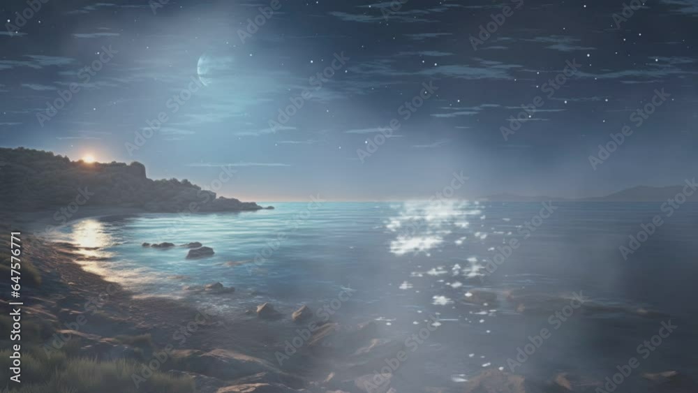 Beach atmosphere at night with views of shooting stars in the sky, seamless and looping animation Beach atmosphere at night with views of shooting stars in the sky, seamless and looping animation