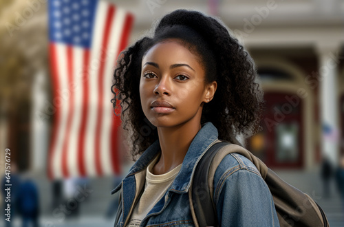 African american female college student leaning on shelf in library and looking at camera. Generated by AI