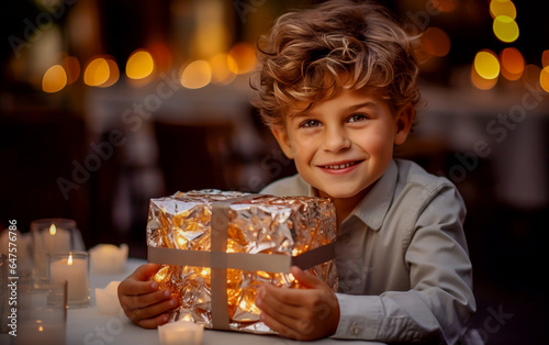 A beautiful little boy in winter clothes is holding a gift package with a bow  received for Christmas. In the blurry background  glitters and colored lights