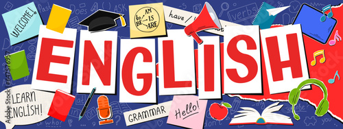 English. English language hand drawn doodles, lettering and stickers. Language education banner.