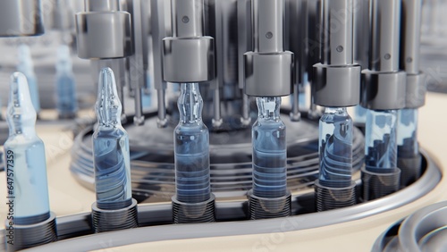 Concept health and beauty. Close-up of Medical Ampoule Production Line at Modern Modern Pharmaceutical Factory. Glass Ampoules are being Filled. Medication Manufacturing Process.