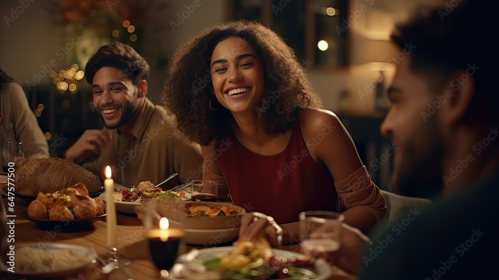 Smiley woman enjoying a dinner with a group of friends Smiley woman enjoying a dinner with a group of friends