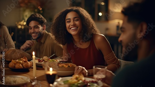 Smiley woman enjoying a dinner with a group of friends