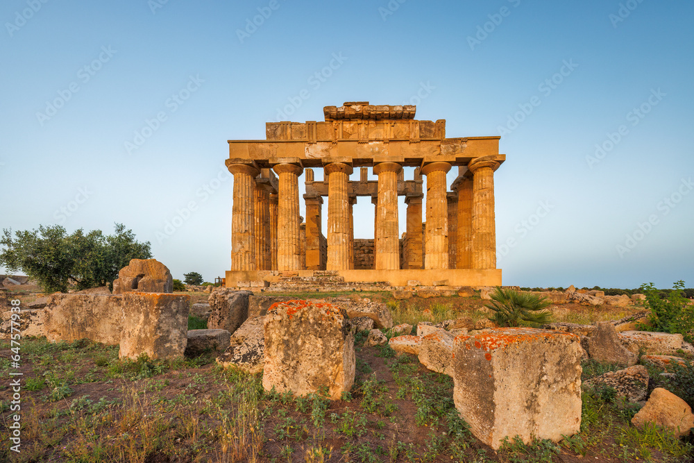 Temple of Hera in Selinunte at sunset. The archaeological site at Sicily, Italy, Europe.