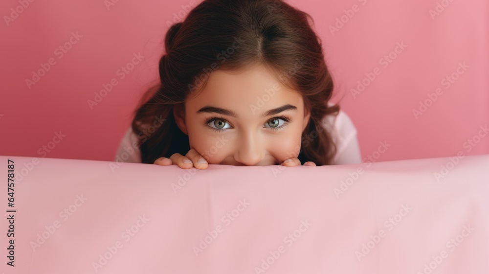 She looks good. Cute. Cute. Curious. Cheerful. Cheerful. Smart. Smart girl. Smart. Create a solution. New ideas. Fantasy copy space. Isolated telephoto lens. Pink background.