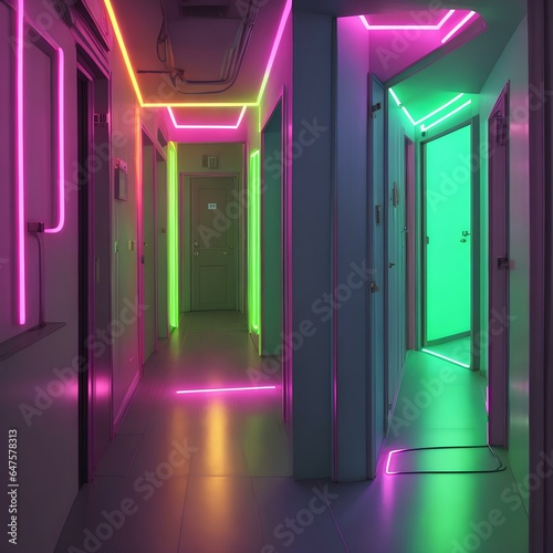 A neon corridor stretches out before you, its vibrant colors casting a glow on the clearly lit background of the house.