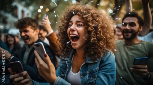 Excited hipster man and woman winning the internet lottery. Betting on modern smartphone websites happy couple in love celebrate victory