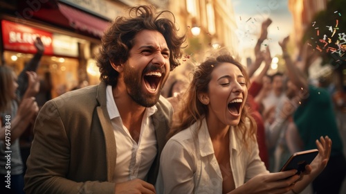 Excited hipster man and woman winning the internet lottery. Betting on modern smartphone websites happy couple in love celebrate victory © sirisakboakaew