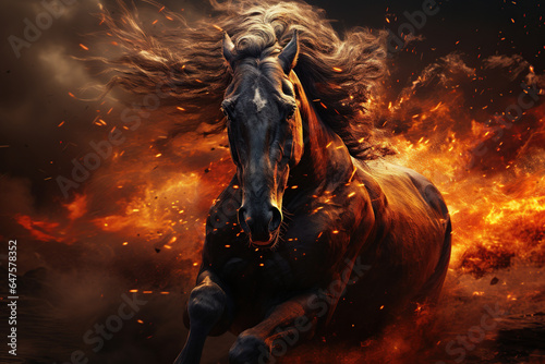 The horse  galloping on fire background, Fiery stallion, AI Generative.