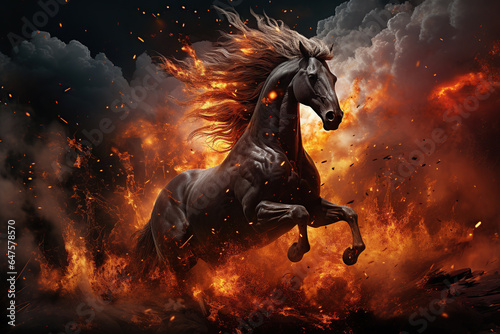 The horse  galloping on fire background, Fiery stallion, AI Generative.